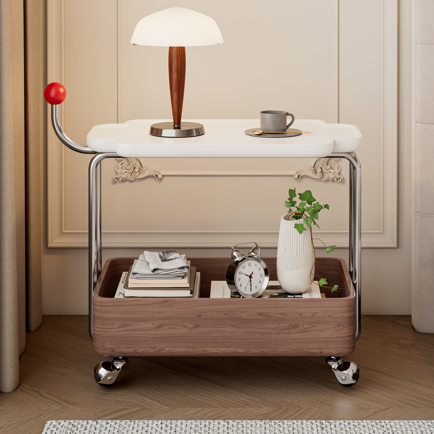 实木边几可移动收纳小推车中古客厅沙发储物置物架胡桃木色餐车 - 图1