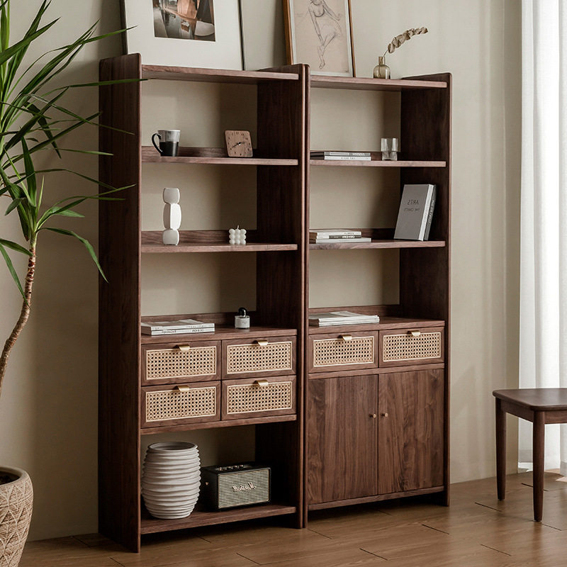 北欧黑胡桃木实木书柜轻奢日式简约樱桃木原木经济型组合储物书架