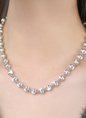 S925纯银磨砂拉丝圆珠猫眼银珠项链极简风轻奢设计气质锁骨链套装