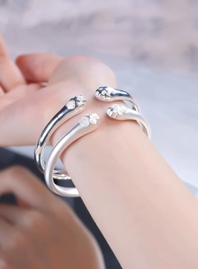 足银999纯银古法猫爪手镯磨砂质感开口招财猫手镯生日礼物送女友