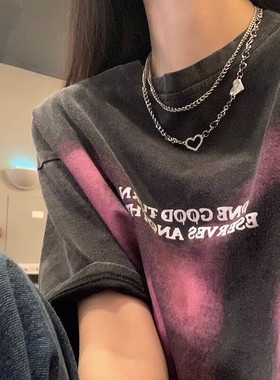 夏季爱心项链女高级设计感小众双层叠戴T恤链锁骨链甜酷配饰颈链