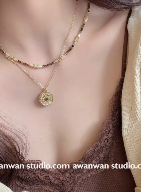 阿婉Wan 美拉德风天然石串珠罗盘吊坠叠戴项链女轻奢锁骨链