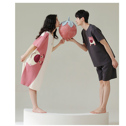 芬腾可安情侣睡衣夏季纯棉短袖可爱薄款男女款睡裙家居服可外穿夏 - 图1