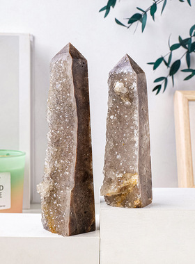 天然白水晶簇四面柱摆件原石矿标打磨水晶塔家居装饰能量石摆件