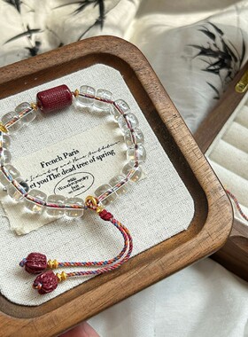 天然白水晶朱砂手链女生大颗粒个性小众水晶纳福新中式风