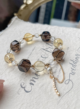 天然茶水晶手链女珠子串珠黄水晶茶晶切面白水晶手工diy手串