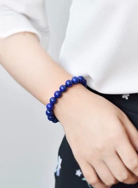 天然水晶阿富汗原矿青金石单圈圆珠手串蓝色珠子男女手链