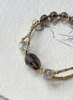 天然茶水晶手链女ins小众设计切面烟晶灰月光石手串闺蜜礼物