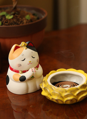 中式惮意佛系香座陶瓷猫茶宠桌面家居摆件解压招财猫