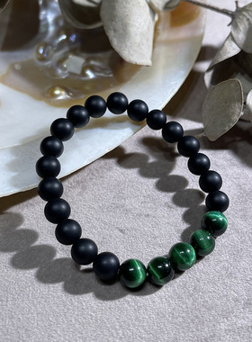 绿虎眼手链天然磨砂黑玛瑙手饰个性设计感手串素圈饰品