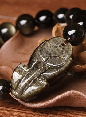天然金耀石大头貔貅黑曜石手链
