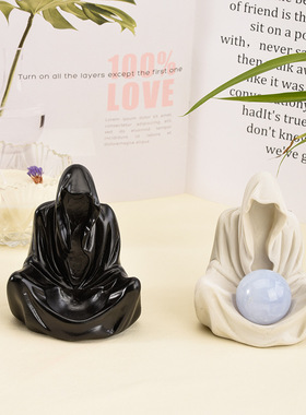 天然黑曜石暗黑巫师雕刻件水晶球原石底座创意装饰品摆件