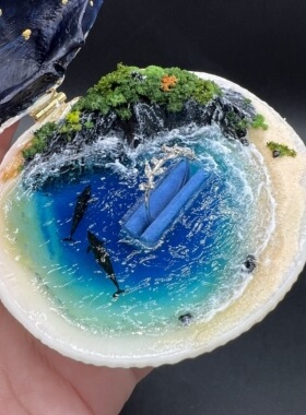 单戒盒-海豚湾恋人 高档钻戒贝壳戒指盒 艺术求婚戒指盒 手工绘画