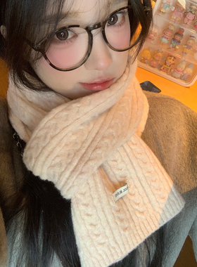 蓝色含羊毛针织围巾女冬季