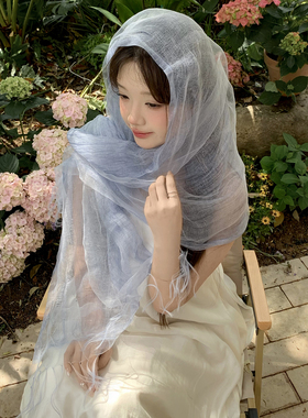 吴皮皮 仙系高级感欧根纱披肩女外搭轻盈通透丝巾系脖围巾薄款