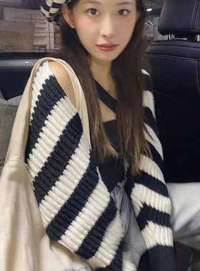 吴皮皮/东大门慵懒条纹针织披肩开衫女秋冬韩版百搭罩衫外搭上衣