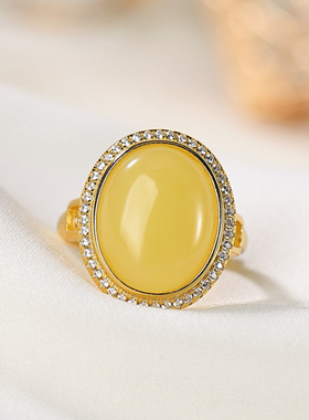 复古蜜蜡戒指纯银琥珀轻奢开口