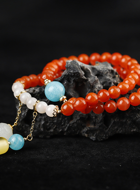 承悦 南红玛瑙双圈手串 樱桃红手链 和田玉莲花吊坠 天河石