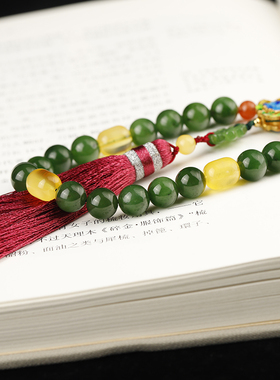 承悦 和田玉碧玉波菜绿十八子 四叶草吊坠手串佛珠 蓝莲花烧蓝