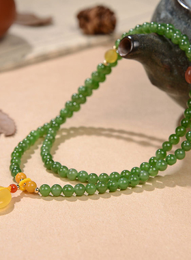 承悦 颜色很清新美丽碧玉手链 三圈手串 佛珠 南红蜜蜡平安扣