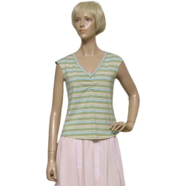 Women's Dini green striped T-shirt stretch knitted fabric summer style sleeveless slim V-neck slim counter genuine