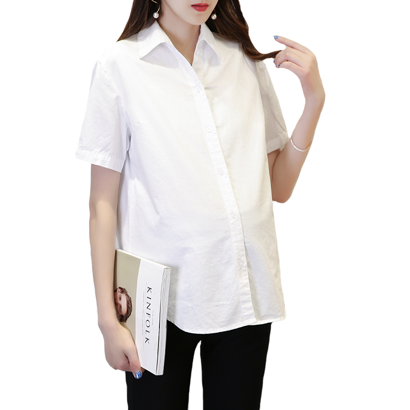 孕妇衬衣夏装白色职业装新款时尚上班妈妈装工作服短袖OL翻领衬衫