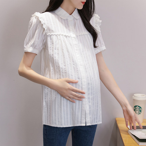 孕妇衬衣夏装新款短袖V领工装短款上衣时尚白色韩版纯棉职业衬衫 - 图0