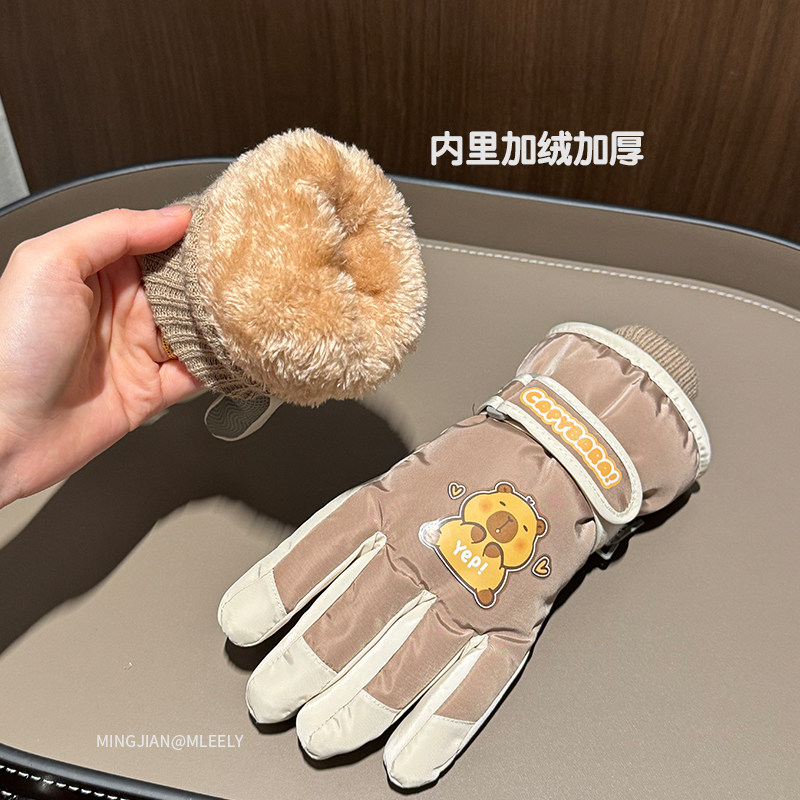 儿童滑雪手套冬季可爱卡皮巴拉骑车防风保暖加绒加厚男童女孩防寒,淘宝优惠券,粉丝福利购,淘宝优惠卷