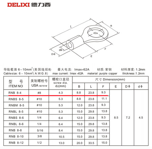 德力西国标加厚紫铜焊口RNB8-4圆形冷压接线端子裸端头线耳OT10-4 - 图1