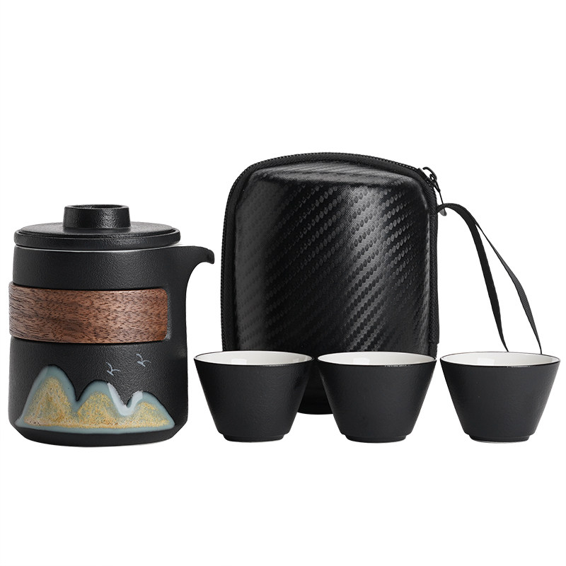 MiLv hand-painted tea set with a pot and three cups for remote mountain travel