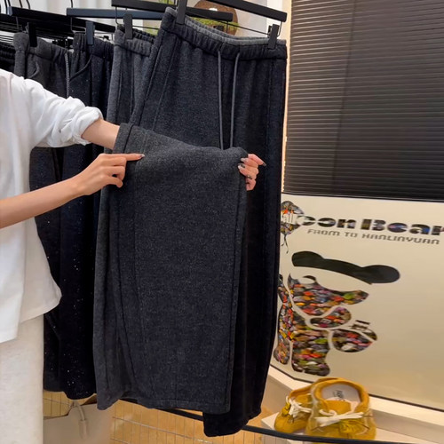 Ader加绒加厚保暖羊绒阔腿弯刀裤女2025冬季新款百搭显瘦休闲裤潮 - 图1