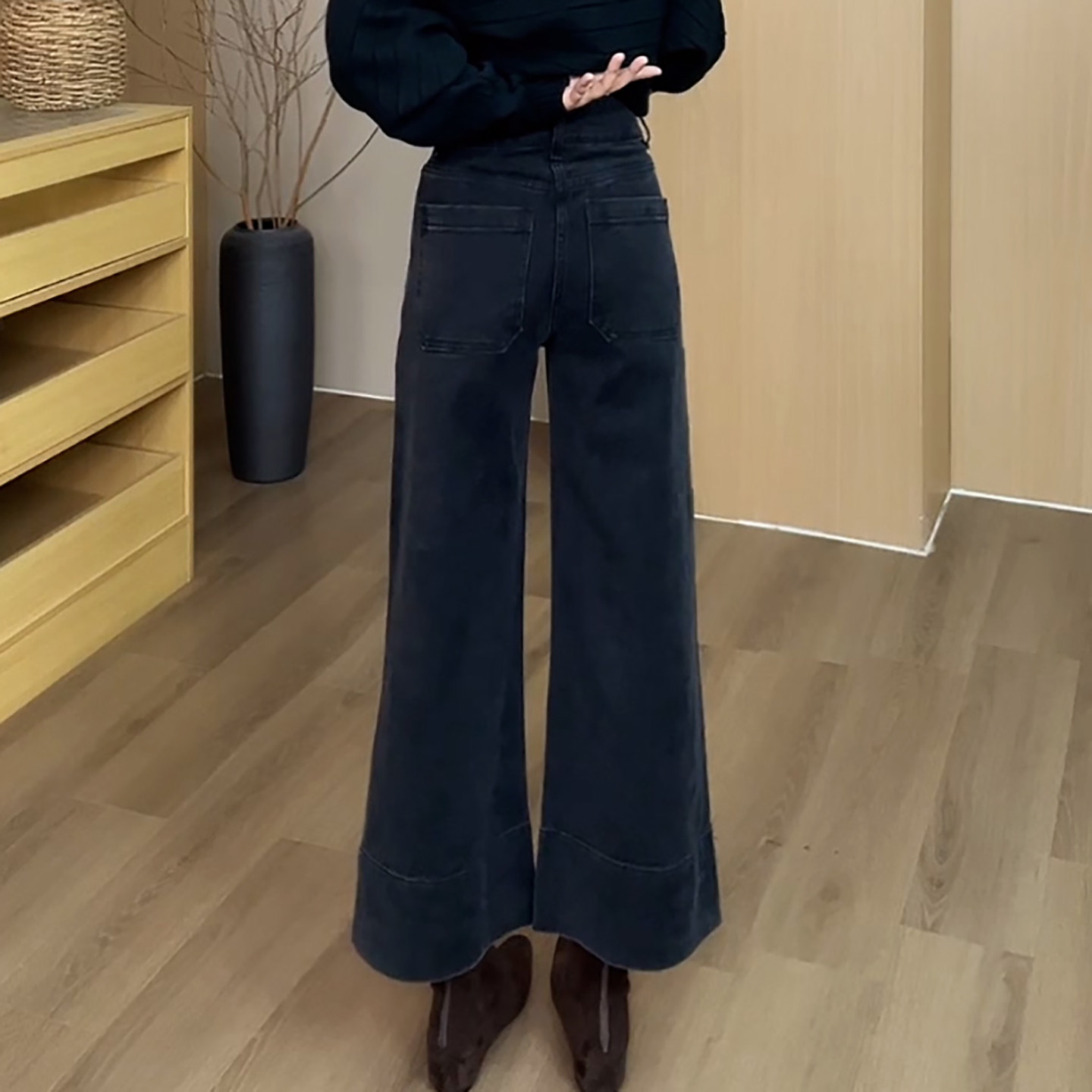 Ader烟灰色九分宽翻边牛仔裤2026春季新款时尚百搭显瘦阔腿直筒裤,淘宝优惠券,粉丝福利购,淘宝优惠卷