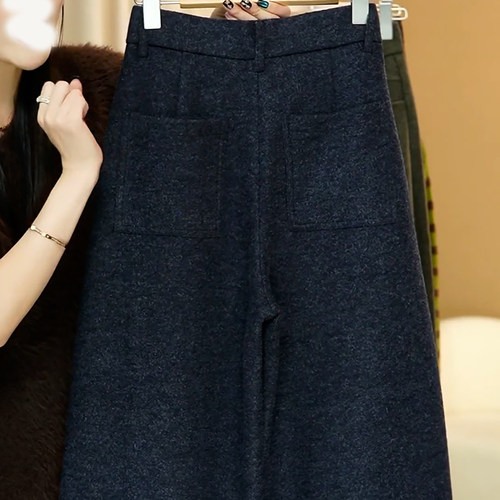 Ader加厚保暖羊毛弯刀裤2025冬季新款气质简约百搭显瘦阔腿休闲裤 - 图3