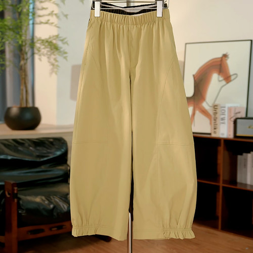 Ader九分休闲裤女2026早春新款松紧腰清新百搭半木耳边阔腿弯刀裤 - 图0