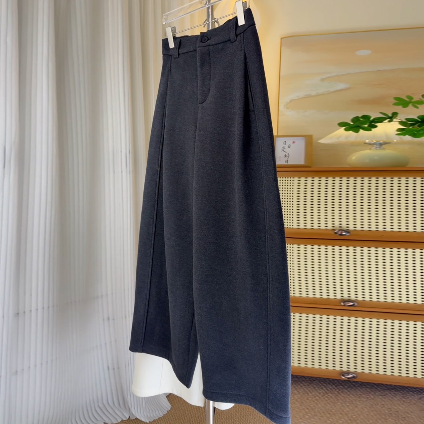 Ader黑灰色捏褶呢料阔腿弯刀裤女2025冬季新款加绒百搭显瘦休闲裤,淘宝优惠券,粉丝福利购,淘宝优惠卷