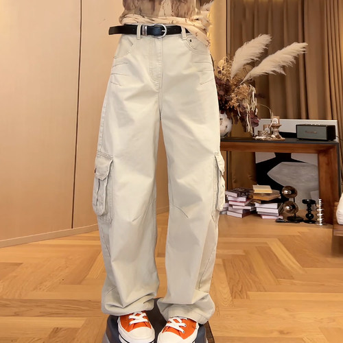 Ader浅卡其牛仔工装女2026春季新款高腰百搭显瘦宽松弯刀休闲裤潮 - 图0