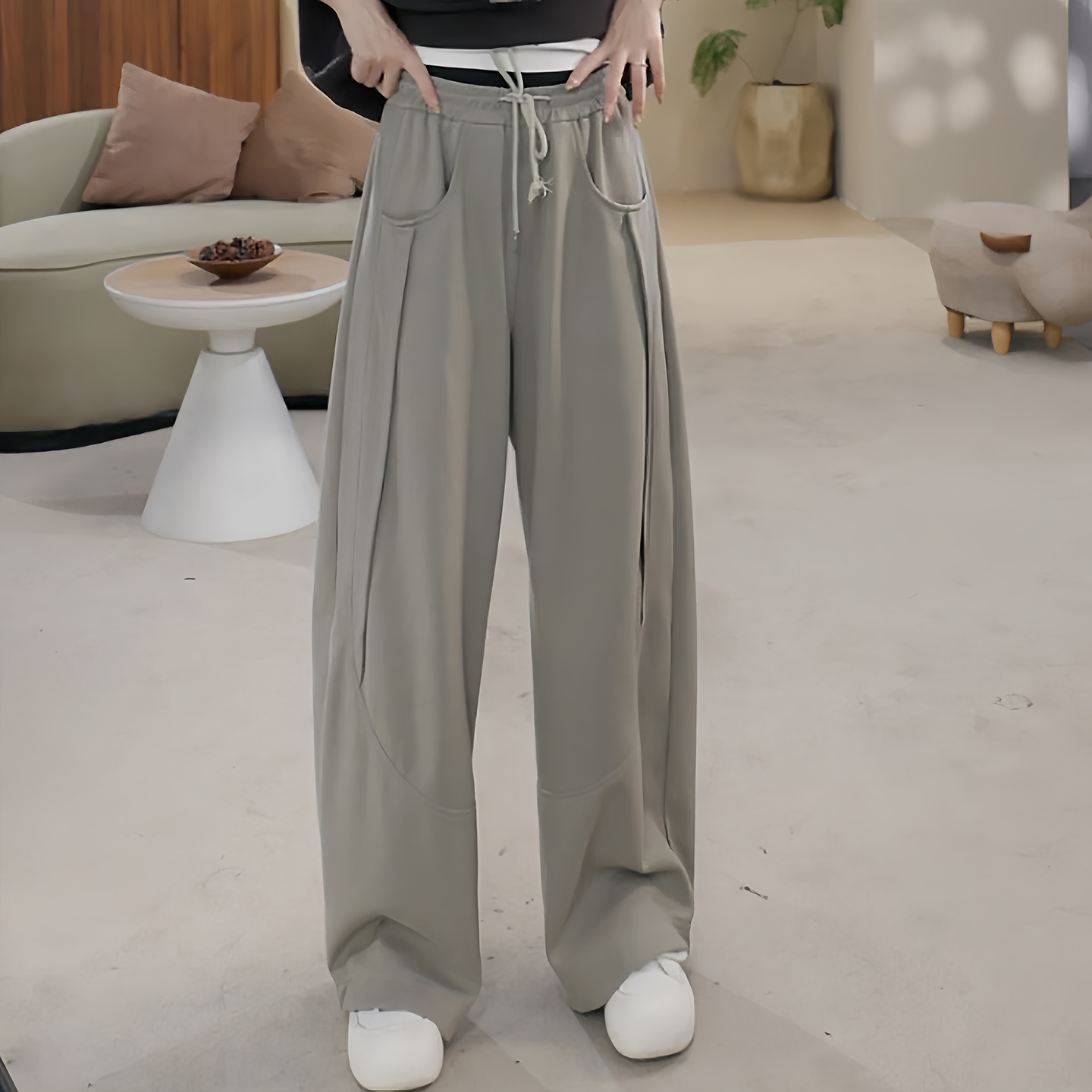 Ader松紧腰抽绳休闲裤女2025秋冬新款时尚百搭显瘦纯色阔腿弯刀裤 - 图2