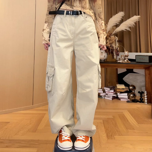 Ader浅卡其牛仔工装女2026春季新款高腰百搭显瘦宽松弯刀休闲裤潮 - 图1
