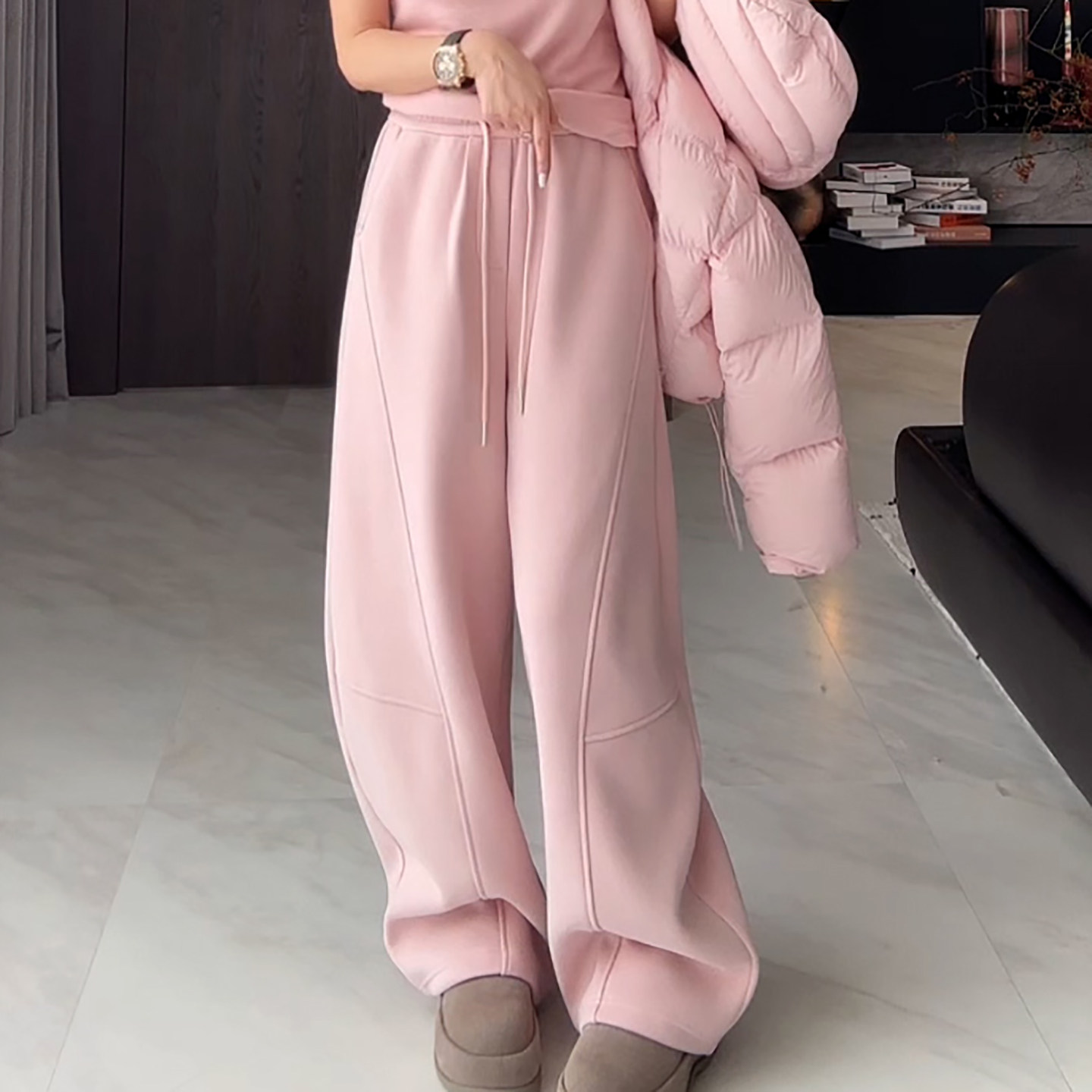 Ader粉色加绒加厚运动阔腿卫裤女2025冬季新款高腰宽松减龄休闲裤,淘宝优惠券,粉丝福利购,淘宝优惠卷