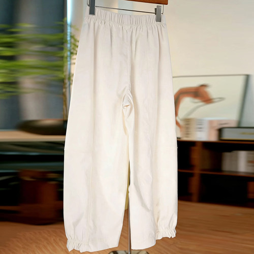 Ader九分休闲裤女2026早春新款松紧腰清新百搭半木耳边阔腿弯刀裤 - 图3