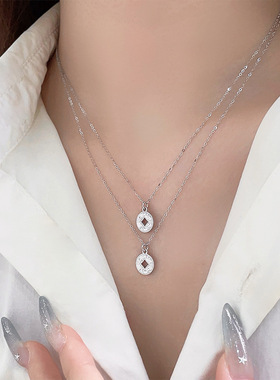 s925纯银招财铜钱项链女锁骨链
