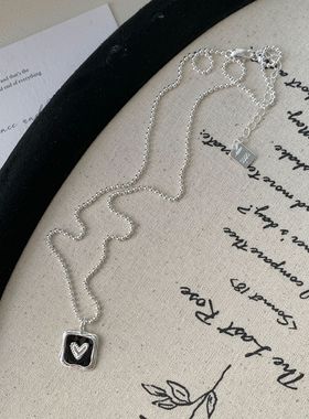 复古S925纯银滴胶方牌爱心项链女