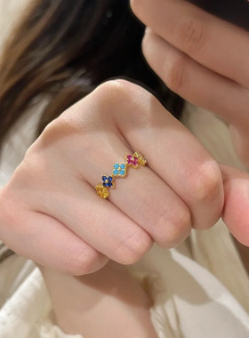 S925纯银彩色四叶草锆石戒指女