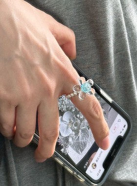 琉璃小花蓝紫优化水晶珍珠戒指