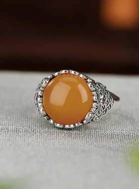 蜜蜡圆珠戒指百搭民族风