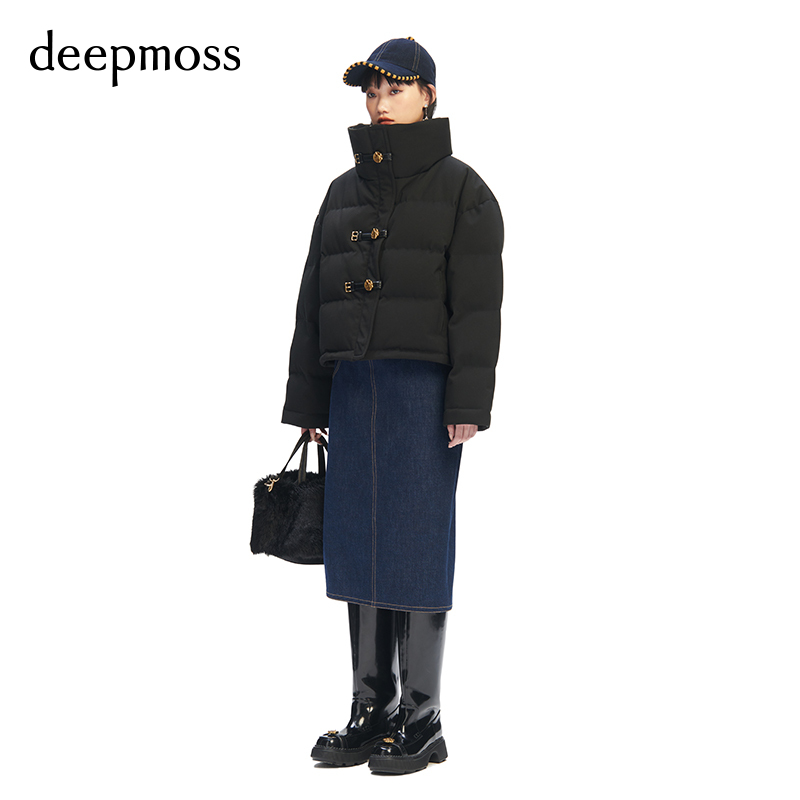 【deepmoss】秋冬女装时尚复古潮流保暖立领斜纹羽绒服短外套上衣