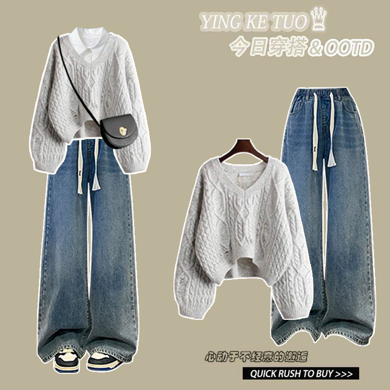 早秋简约风百搭设计感破洞V领女毛衣搭配抽绳松紧宽松显瘦牛仔裤,淘宝优惠券,粉丝福利购,淘宝优惠卷