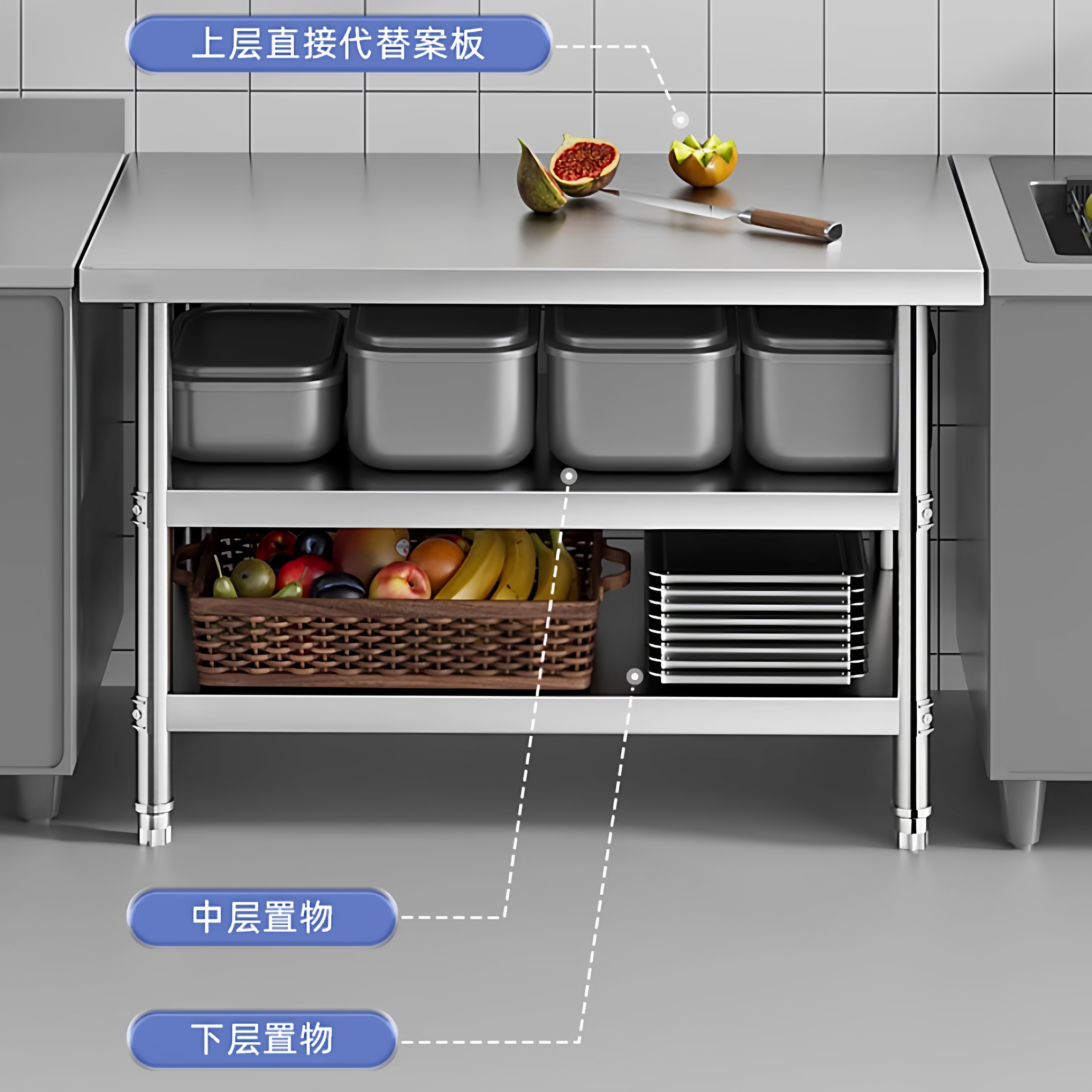 不锈钢工作台两三层不锈钢桌商用饭店打包打荷白钢台面切菜置物架,淘宝优惠券,粉丝福利购,淘宝优惠卷