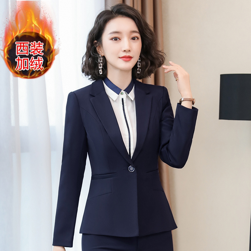 加绒黑色西装套装女冬季加厚2023新款职业正装工作服西服外套秋冬