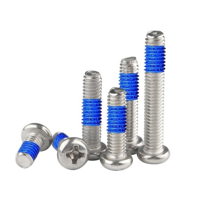 Round head dispensing screw disc head with glue and anti-loosening screw